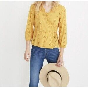 Madewell XS Mustard Yellow Scalloped Eyelet Wrap Top Fall Fave Tie V-neck N56